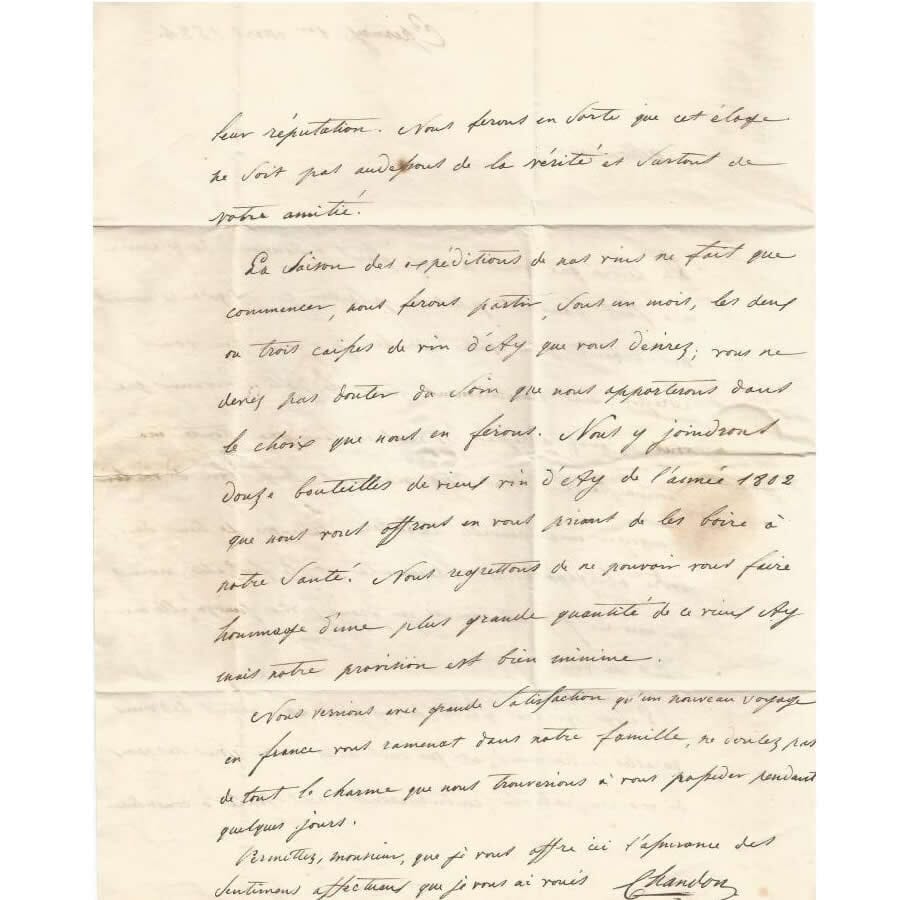 Carta manuscrita de Pierre-Gabriel Chandon (1824) Cartas Com certificado de autenticidade e garantia 