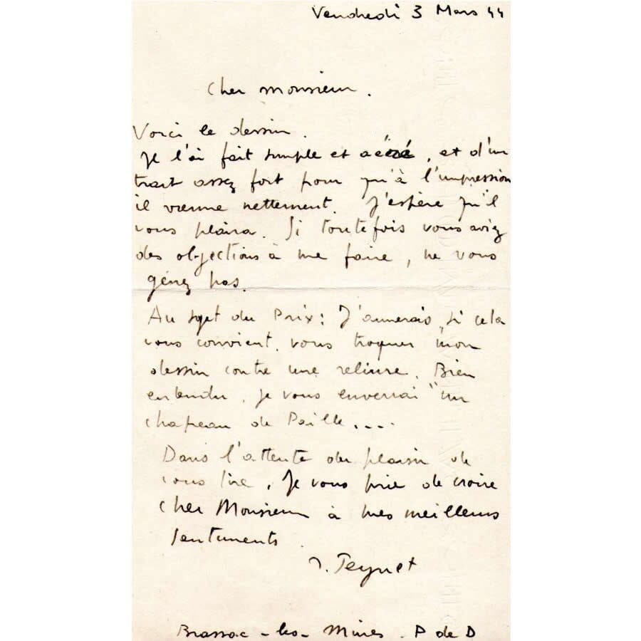 Carta manuscrita de Raymond Peynet (1944) Cartas Com certificado de autenticidade e garantia 