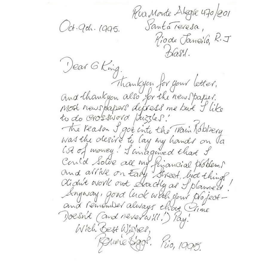 Carta manuscrita de Ronnie Biggs (1995) Cartas Com certificado de autenticidade e garantia 