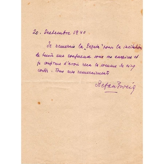 Carta manuscrita de Stefan Zweig (1940) Cartas Com certificado de autenticidade e garantia 