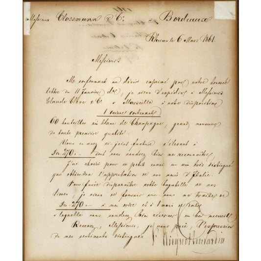 Carta manuscrita da Veuve Clicquot (1861) Cartas Com certificado de autenticidade e garantia 