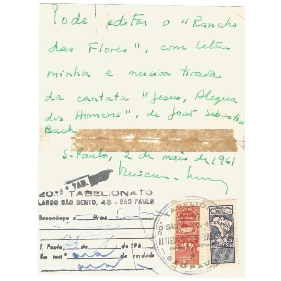 Documento autógrafo de Vinícius de Moraes (1961) Cartas Com certificado de autenticidade e garantia 