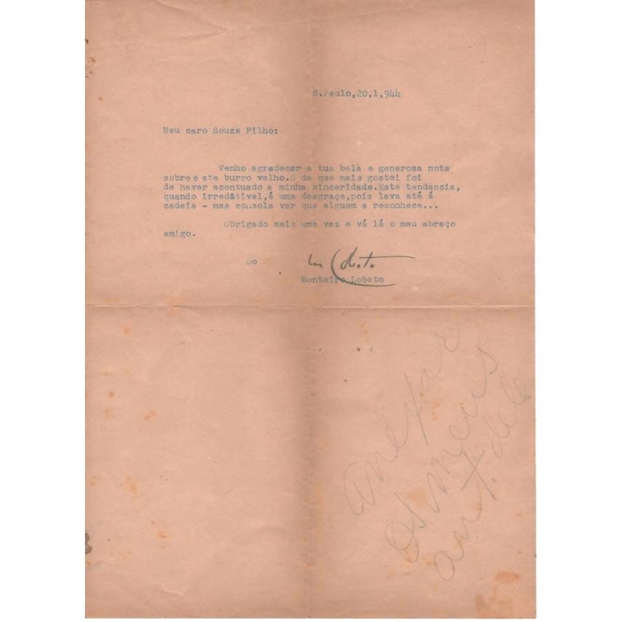 Carta assinada por Monteiro Lobato (1944) Cartas Com certificado de autenticidade e garantia 