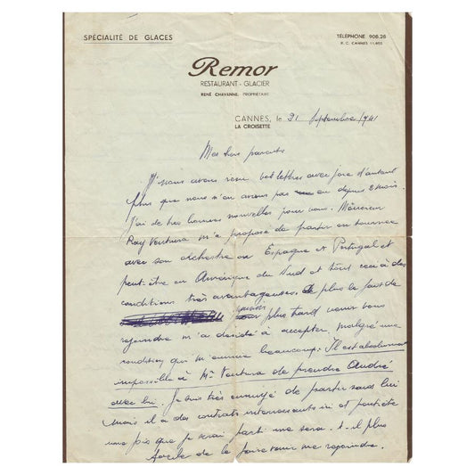 Carta manuscrita de Henri Salvador (1941) Cartas Com certificado de autenticidade e garantia 