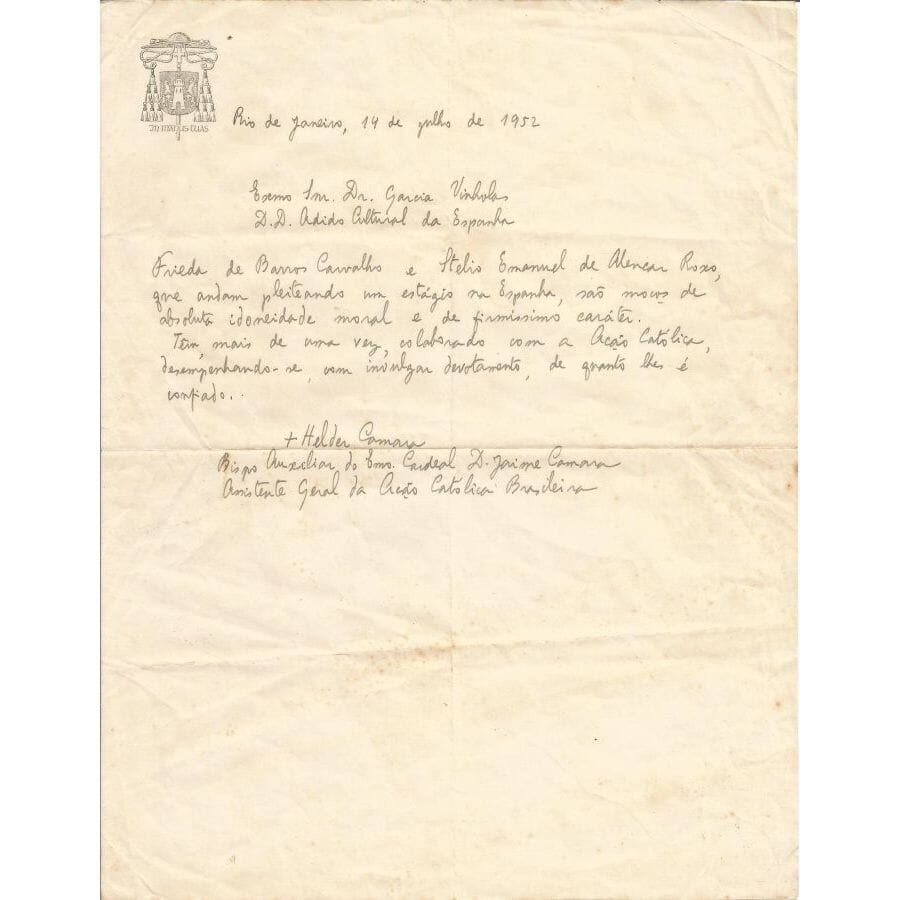 Carta manuscrita de Dom Helder Câmara (1952) Cartas Com certificado de autenticidade e garantia 