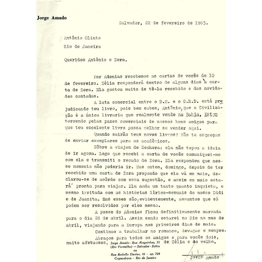 Carta datilografada assinada por Jorge Amado (1965) Cartas Com certificado de autenticidade e garantia 