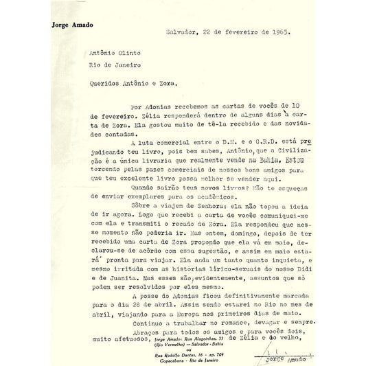 Carta datilografada assinada por Jorge Amado (1965) Cartas Com certificado de autenticidade e garantia 