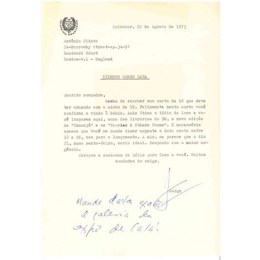 Carta de Jorge Amado (1973) Autógrafos e dedicatórias Com certificado de autenticidade e garantia 
