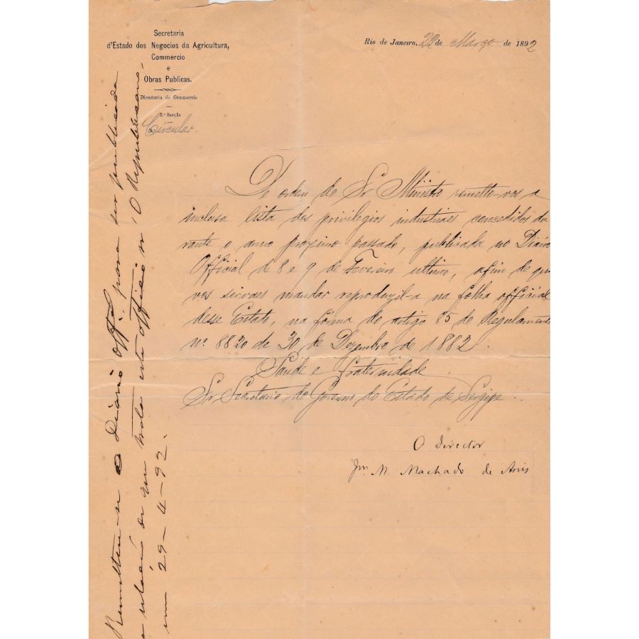 Carta manuscrita de Machado de Assis (1892) Cartas Com certificado de autenticidade e garantia 