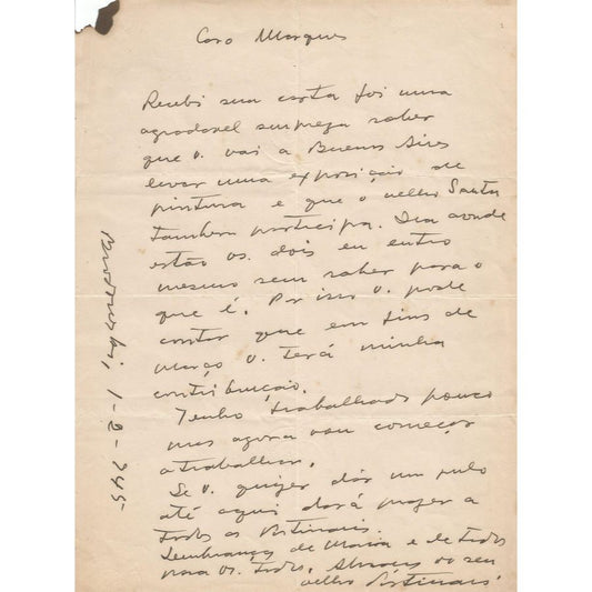 Carta manuscrita de Candido Portinari (1945) Cartas Com certificado de autenticidade e garantia 