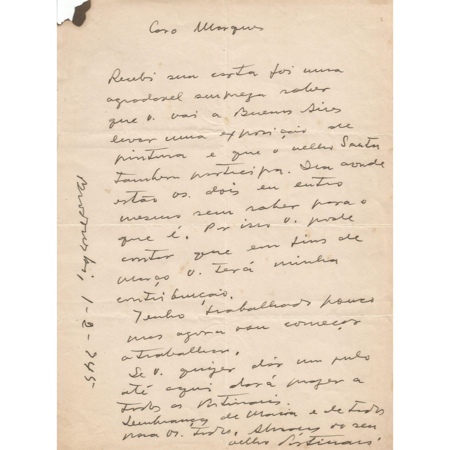 Carta manuscrita de Candido Portinari (1945) Cartas Com certificado de autenticidade e garantia 