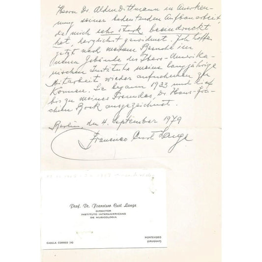 Carta manuscrita de Francisco Curt Lange (1979) Cartas Com certificado de autenticidade e garantia 
