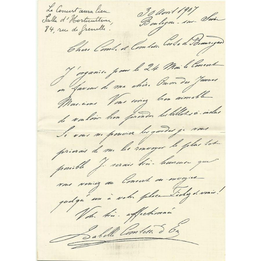 Carta manuscrita da Princesa Isabel (1907) Cartas Com certificado de autenticidade e garantia 