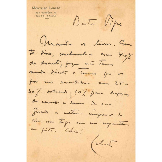 Carta manuscrita de Monteiro Lobato (antes de 1928) Autógrafos e dedicatórias Com certificado de autenticidade e garantia 