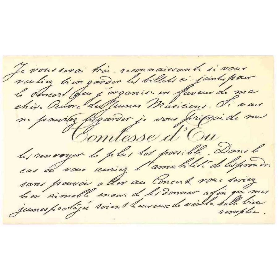 Cartão de visita e texto da Princesa Isabel, Condessa d´Eu (anos 1900) cartas Com certificado de autenticidade e garantia 