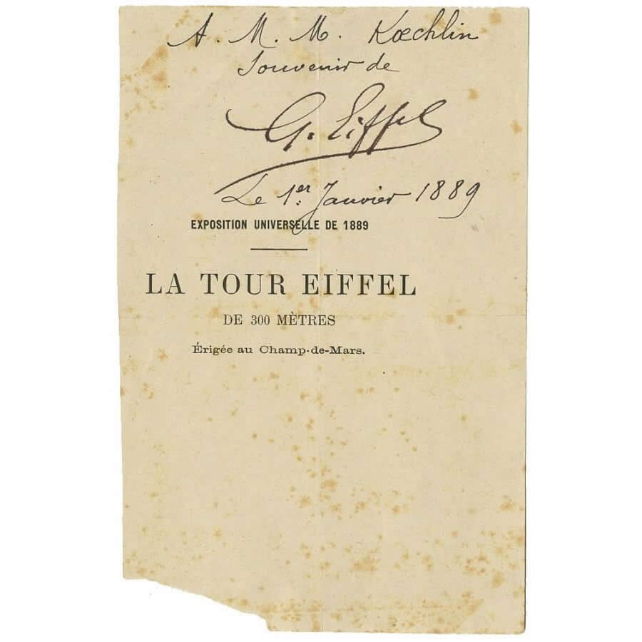 Dedicatória de Gustave Eiffel para Maurice Koechlin (1889) Autógrafos e dedicatórias Com certificado de autenticidade e garantia 