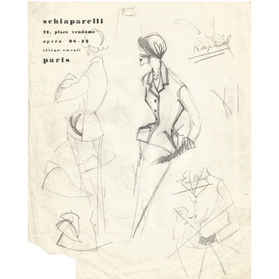 Desenho de moda de Hubert de Givenchy trabalhando para Elsa Schiaparelli (entre 1944 e 1952) Desenhos Com certificado de autenticidade e garantia 
