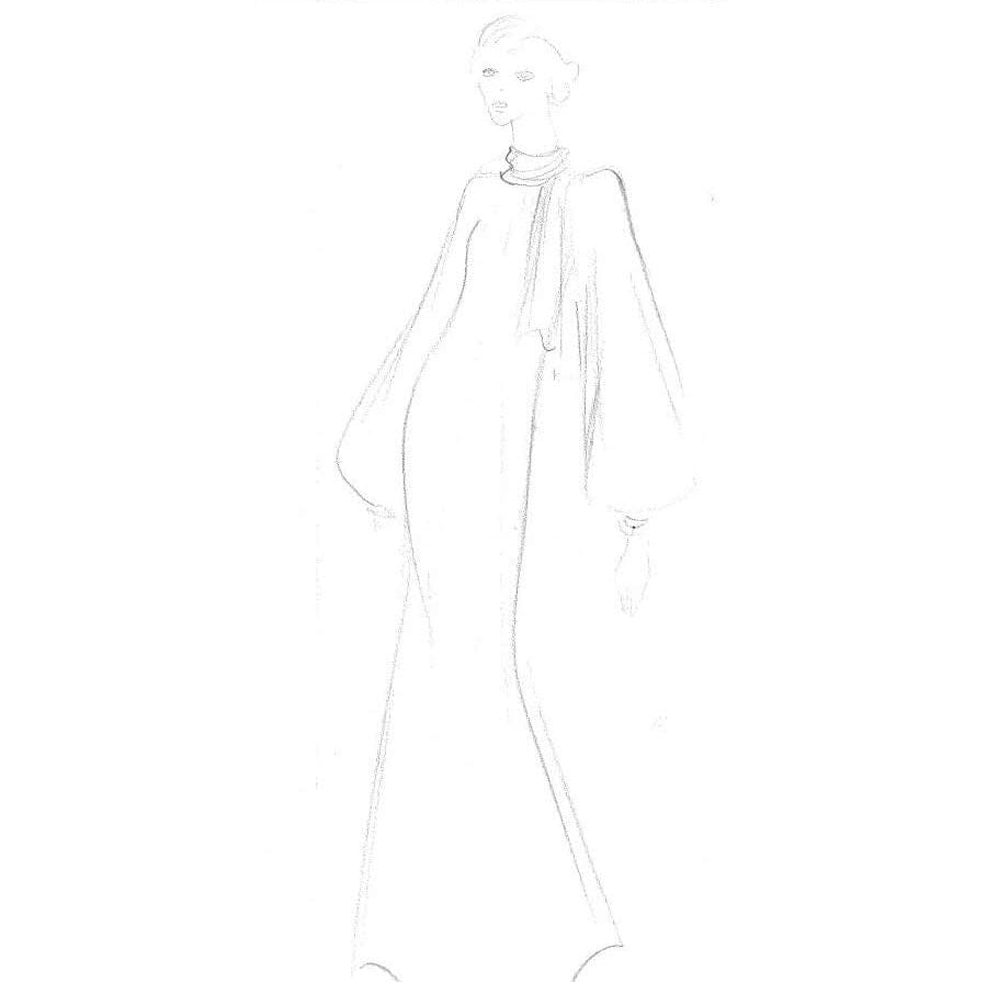 Desenho de moda de Yves Saint Laurent (anos 1960 ou 1970) Desenhos Com certificado de autenticidade e garantia 