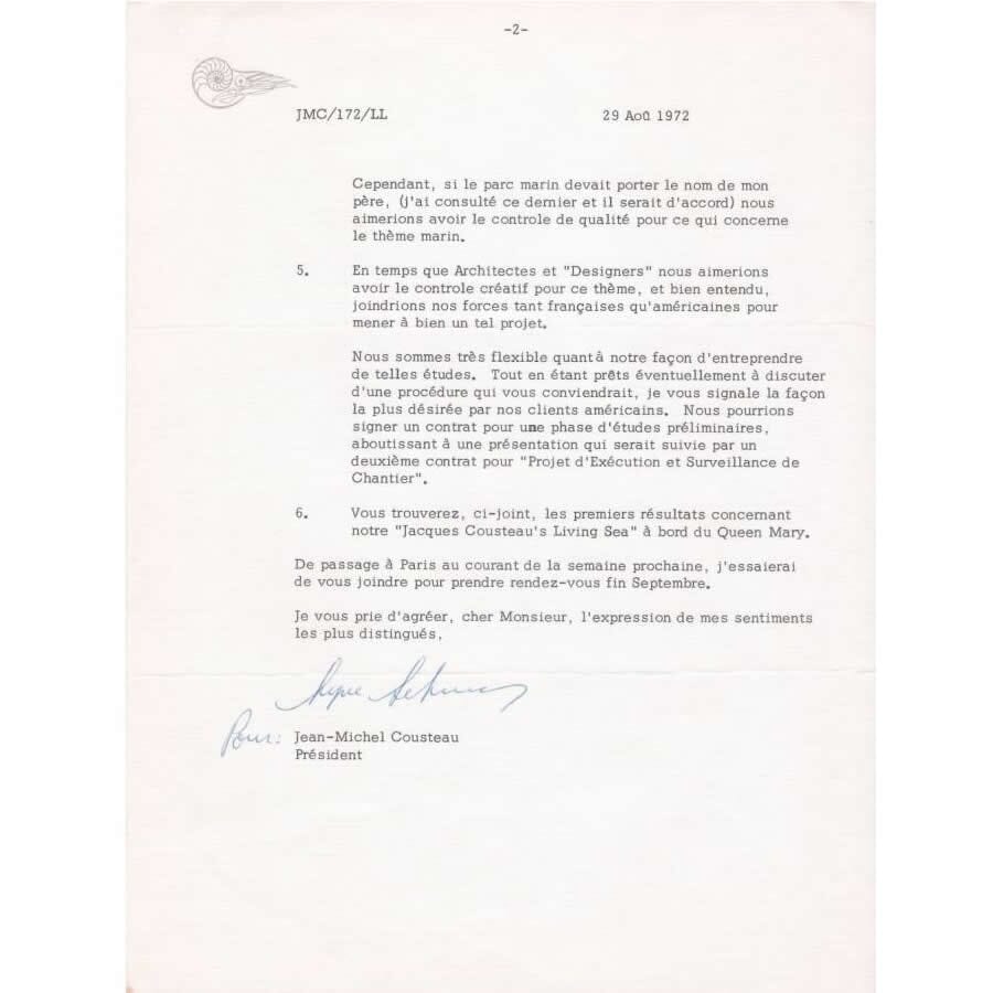Documentos assinados por de Jean-Michel Cousteau (1972) Cartas Com certificado de autenticidade e garantia 