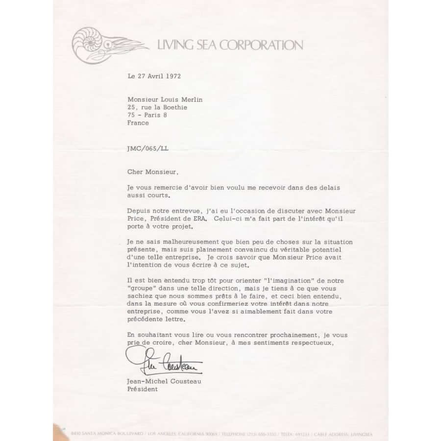 Documentos assinados por de Jean-Michel Cousteau (1972) Cartas Com certificado de autenticidade e garantia 