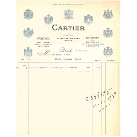 Fatura da Cartier (1938) Fatura Com certificado de autenticidade e garantia 