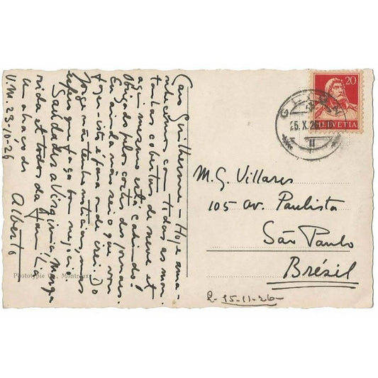 Postal manuscrito de Alberto de Santos Dumont para seu cunhado (1926) Cartas Com certificado de autenticidade e garantia 