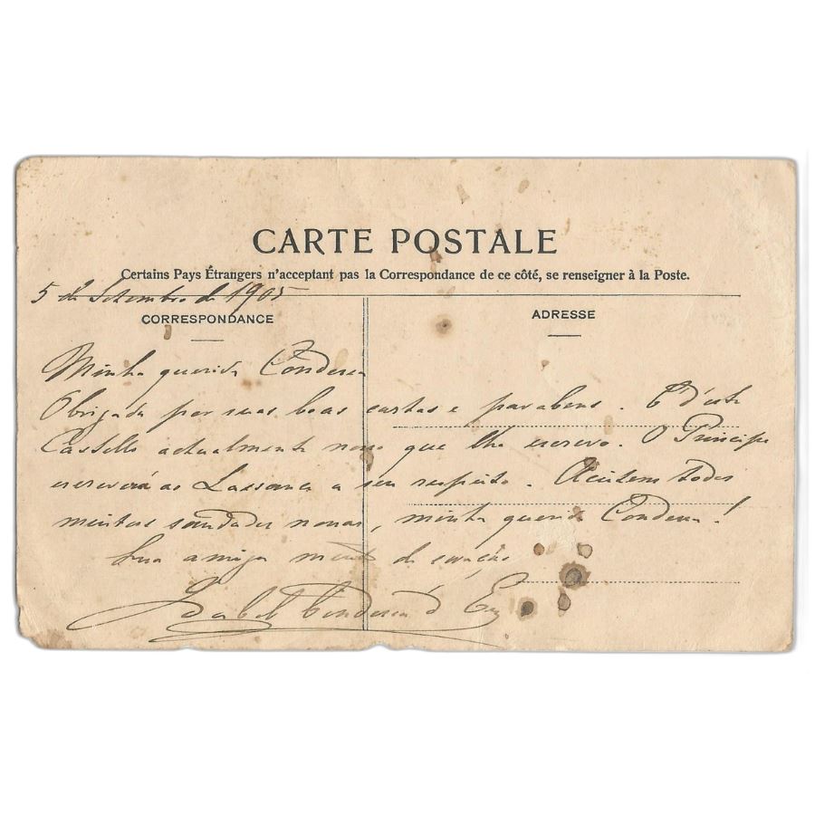 Postal manuscrito da Condessa d´Eu (1905) Autógrafos e dedicatórias Com certificado de autenticidade e garantia 
