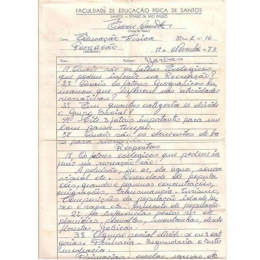 Redação manuscrita de Pelé na faculdade (1973) Manuscritos Com certificado de autenticidade e garantia 