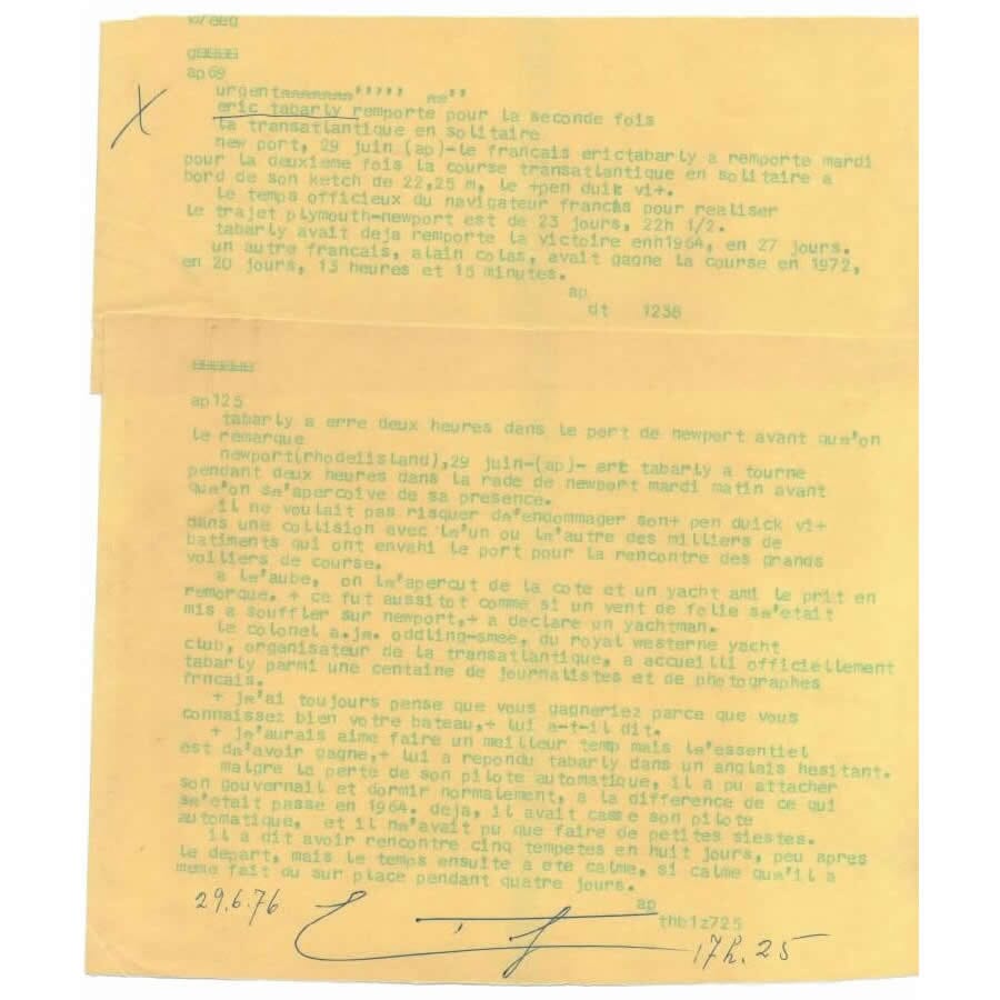 Telegrama de Eric Tabarly (1976) Autógrafos e dedicatórias Com certificado de autenticidade e garantia 