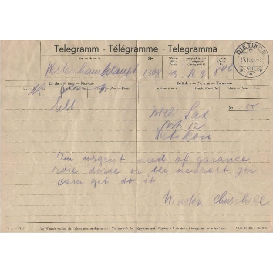 Telegrama de Winston Churchill (1948) Manuscritos Com certificado de autenticidade e garantia 