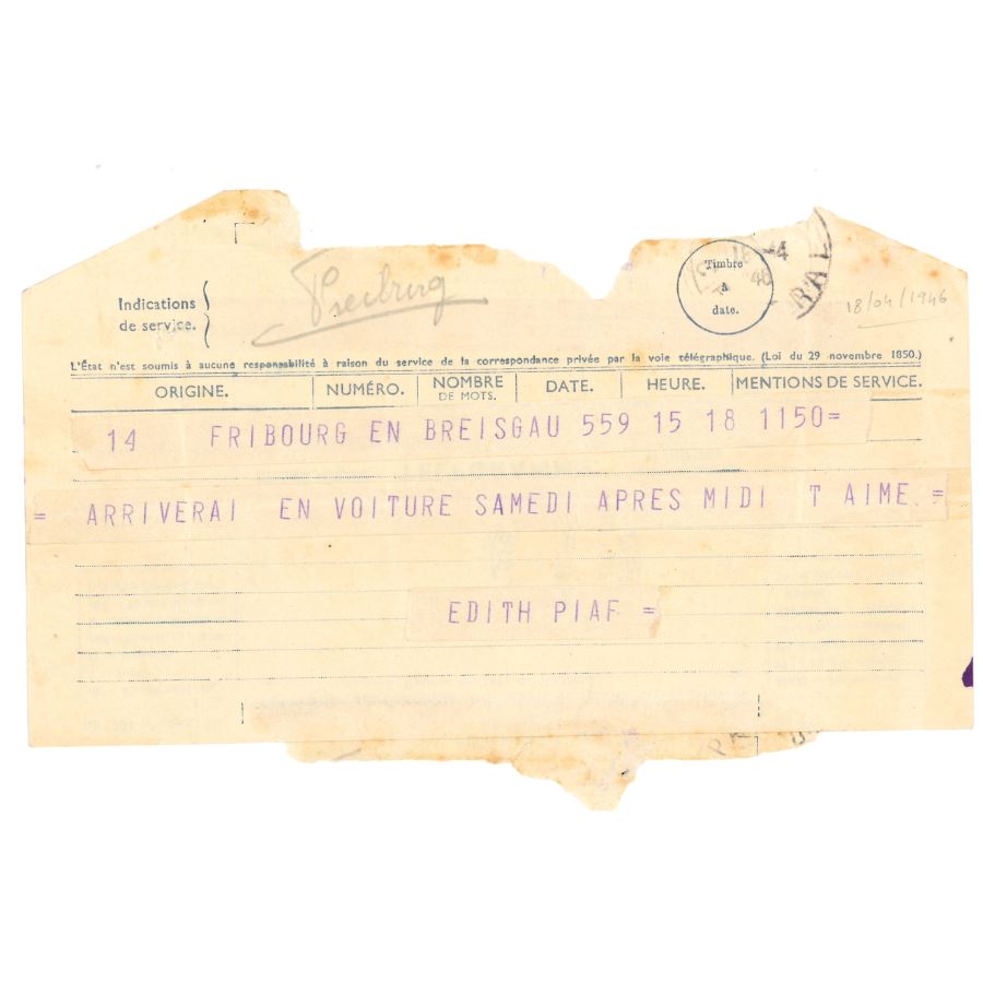 Telegrama de Edith Piaf (1946) Autógrafos e dedicatórias Com certificado de autenticidade e garantia 