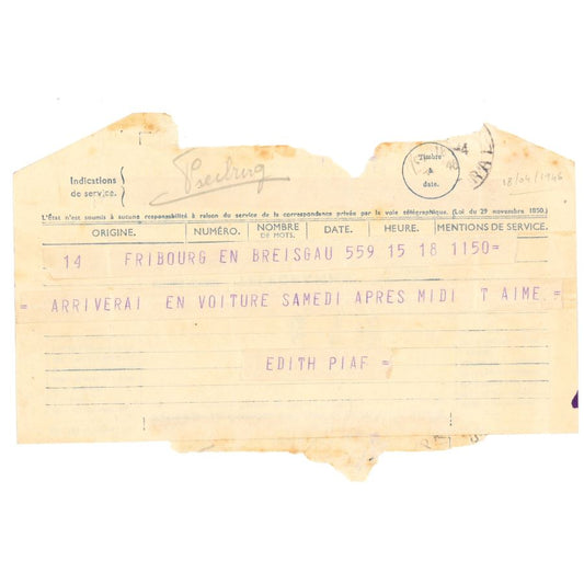 Telegrama de Edith Piaf (1946) Autógrafos e dedicatórias Com certificado de autenticidade e garantia 