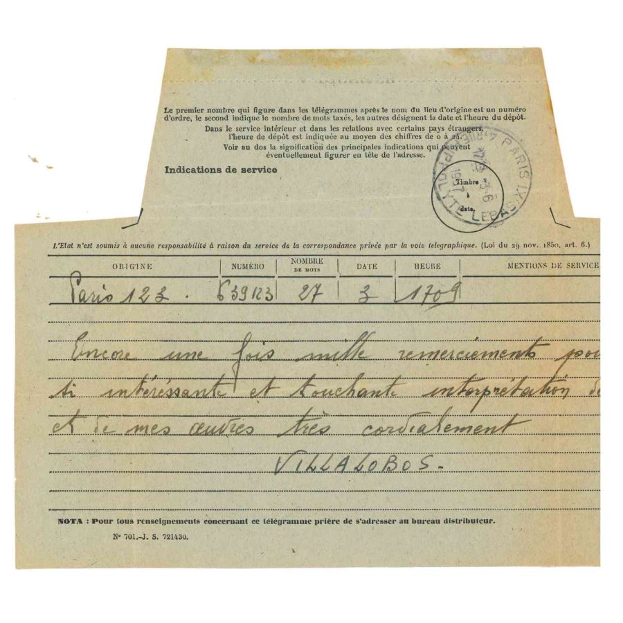 Telegrama manuscrito de Heitor Villa-Lobos (1957) Cartas Com certificado de autenticidade e garantia 