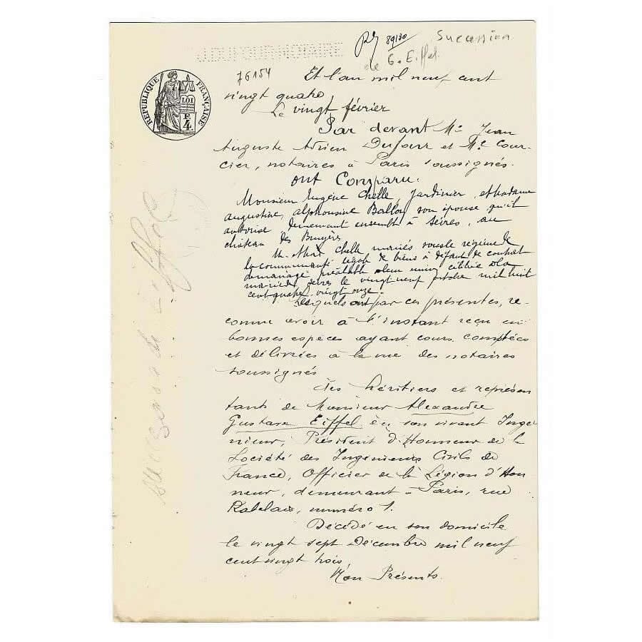Testamento manuscrito de Gustave Eiffel (1924) Manuscritos Com certificado de autenticidade e garantia 